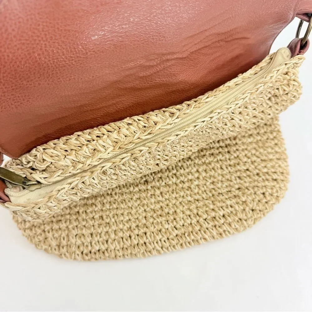 Sun N Sands Tan Woven Jute Faux Leather Bead Medallion Flap Crossbody Bag
